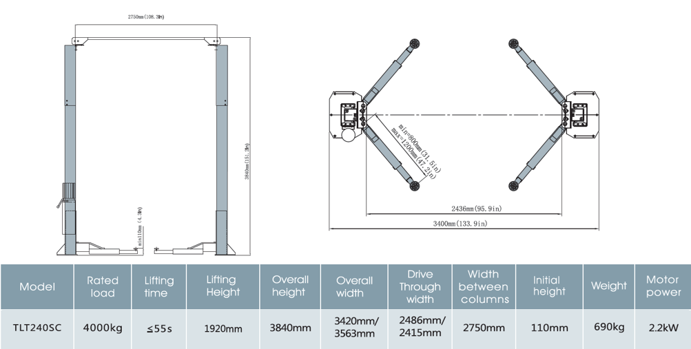 LT-240-C – Elevador de dos columnas clear floor view 2